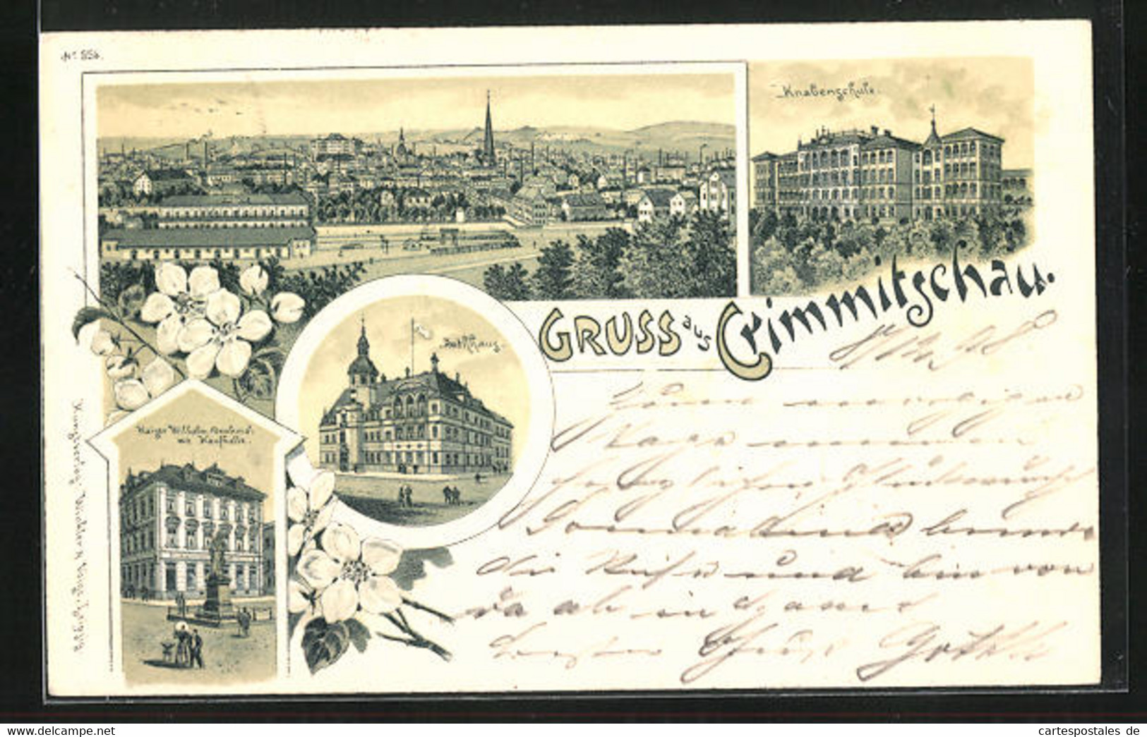 Lithographie Crimmitschau, Kaiser Wilhelm-Denkmal Mit Kaufhalle, Rathaus, Knabenschule - Crimmitschau