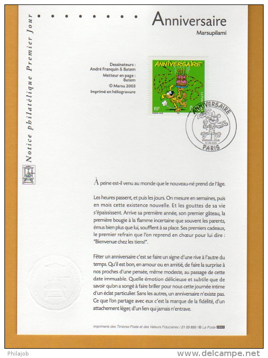 " MARSUPILAMI " Sur Notice Officielle 1er Jour De 2003. N° YT 3569. Parfait état. FDC - Comics