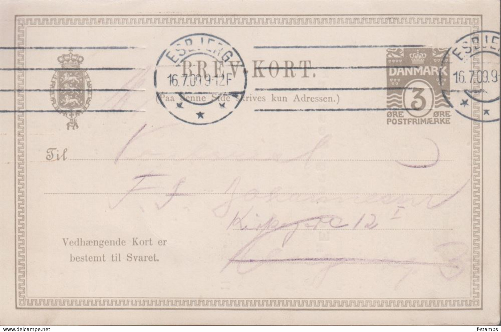 1909. DANMARK. BREVKORT With Replycard 3 ØRE Cancelled ESBJERG 16.7.09. Unused Reply ... () - JF420188 - Storia Postale