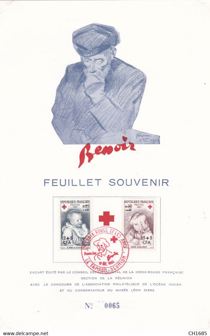 REUNION : FDC Feuillet Souvenir Numéroté 0065 Sur 2000 : Croix-Rouge 366 367 Renoir Oblitération Le Tampon 12 12 1965 - Otros & Sin Clasificación