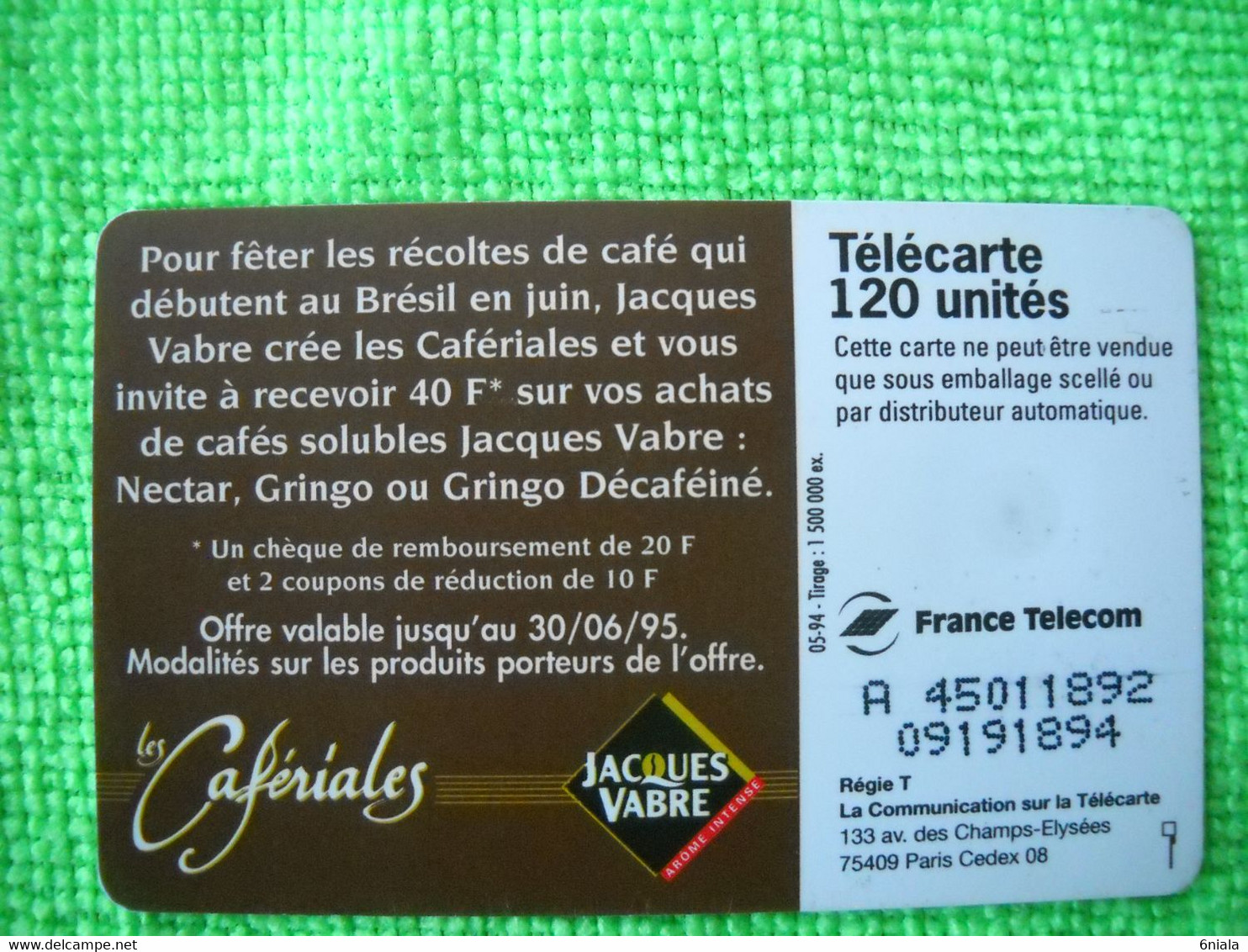 7086 Télécarte Collection CAFE JACQUES VABRE Soluble  Cafériales  120u  ( Recto Verso)  Carte Téléphonique - Alimentation