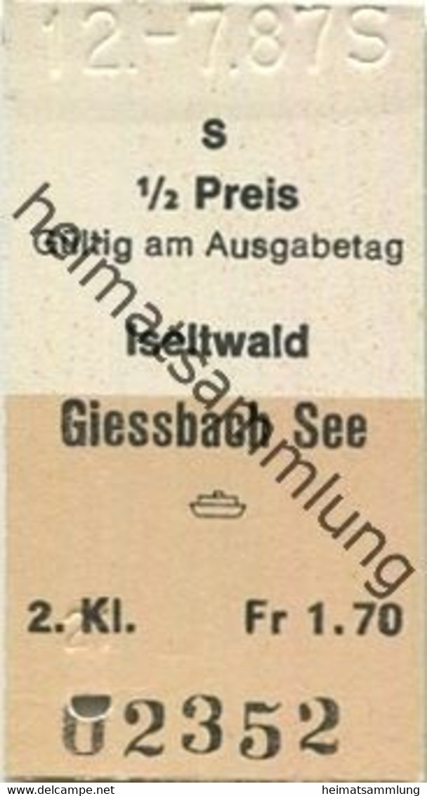 Schweiz - Iseltwald Giessbach See - Fahrkarte 1/2 Preis 2. Klasse 1987 - Europe