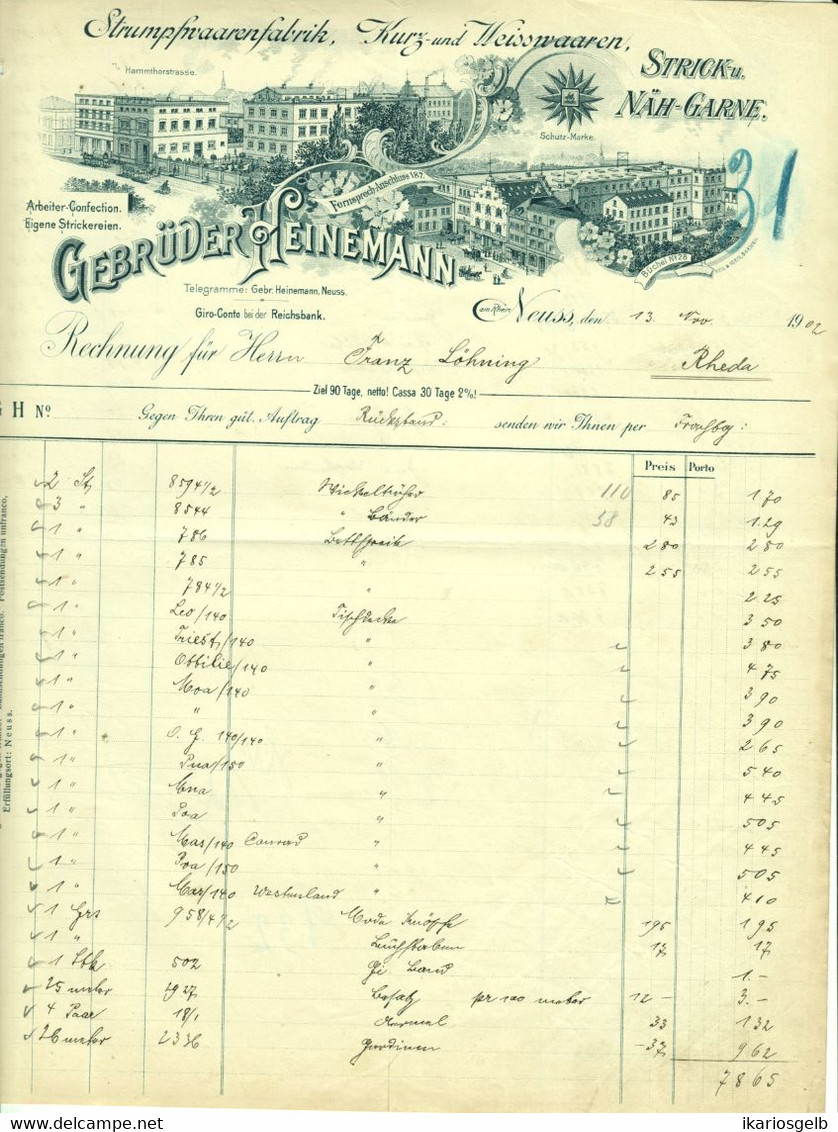 Neuss Neuß 1902 A4 Deko Rechnung " Gebr. Heinemann Strumpfwaarenfabrik Kurz- U. Weißwaaren " Dokument - Kleidung & Textil
