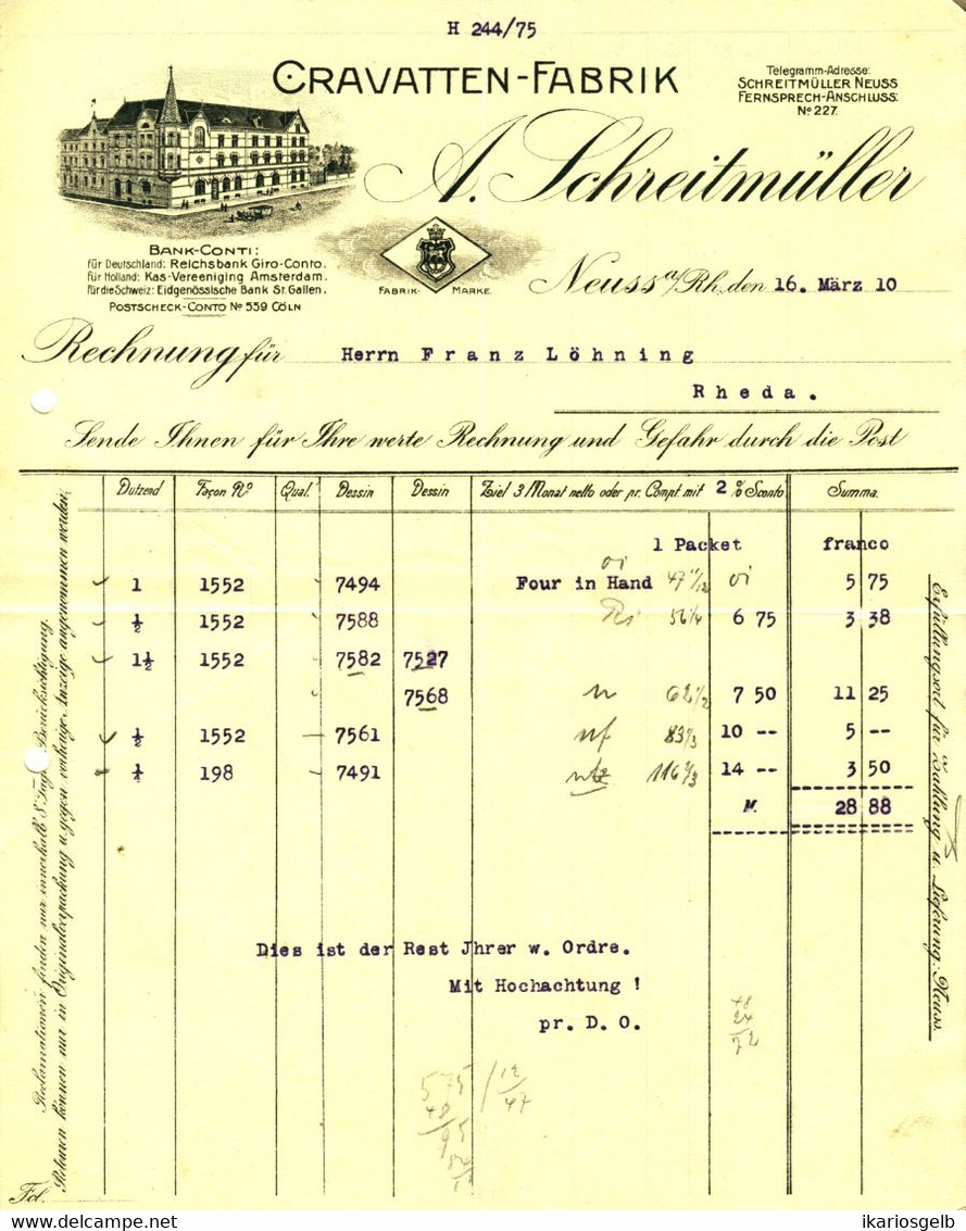 Neuss Neuß 1910 A4 Deko Rechnung " Cravattenfabrik A Schreitmüller Krawatten " Dokument - Textile & Vestimentaire