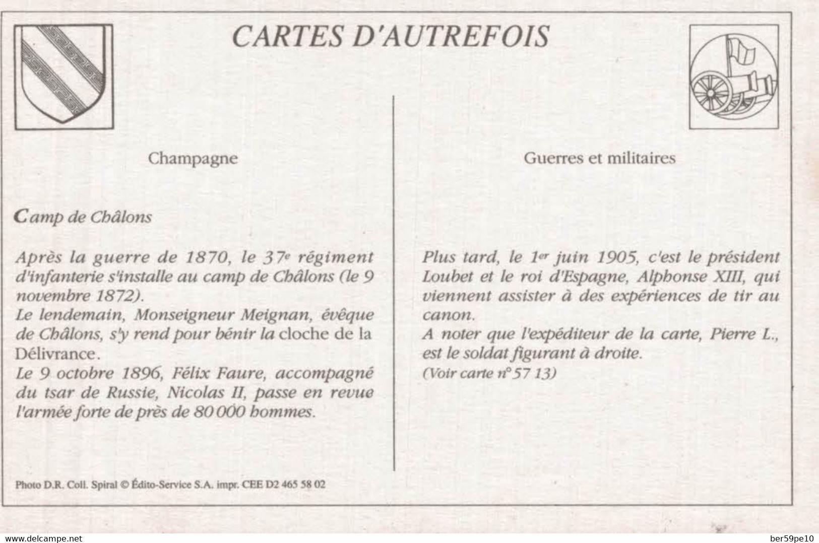 CARTES D'AUTREFOIS GUERRES ET MILITAIRES CHAMPAGNE CAMP DE CHALONS - Champagne-Ardenne