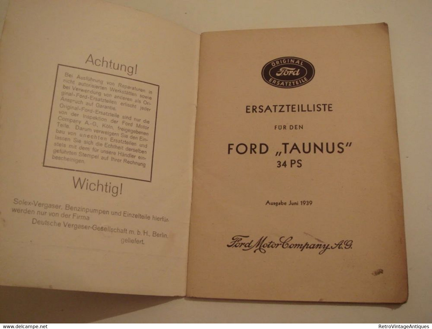 Handbook Ersatzteilliste Fur Den Ford ''Taunus'' 34 PS Ford Motor Company 1939 Car Specs Model Manual Auto - Technical