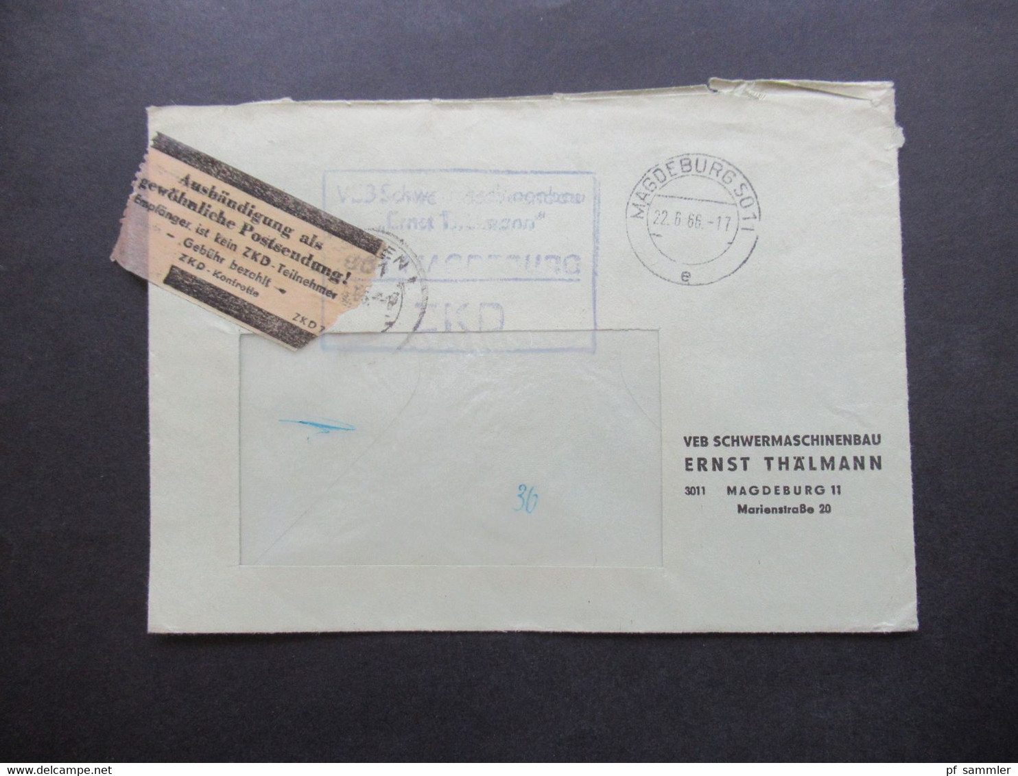 DDR 1966 Dienst Zettel Aushändigung Als Gewöhnliche Postsendung ZKD VEB Schwermaschinenbau Ernst Thälmann Magdeburg - Sonstige & Ohne Zuordnung