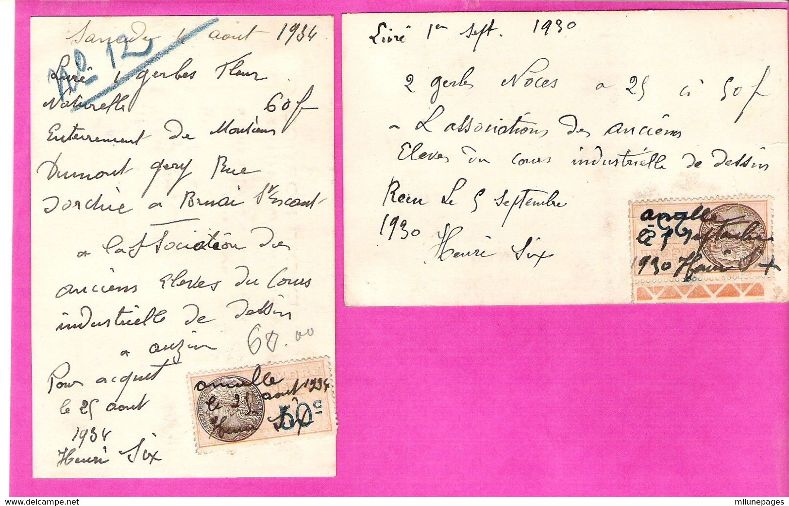 Lot 2 Cartes Commerciales Etablissement Horticole Henri SIX 2 Rue De Valenciennes à ANZIN Au Dos Facture + Timbre Fiscal - 1900 – 1949