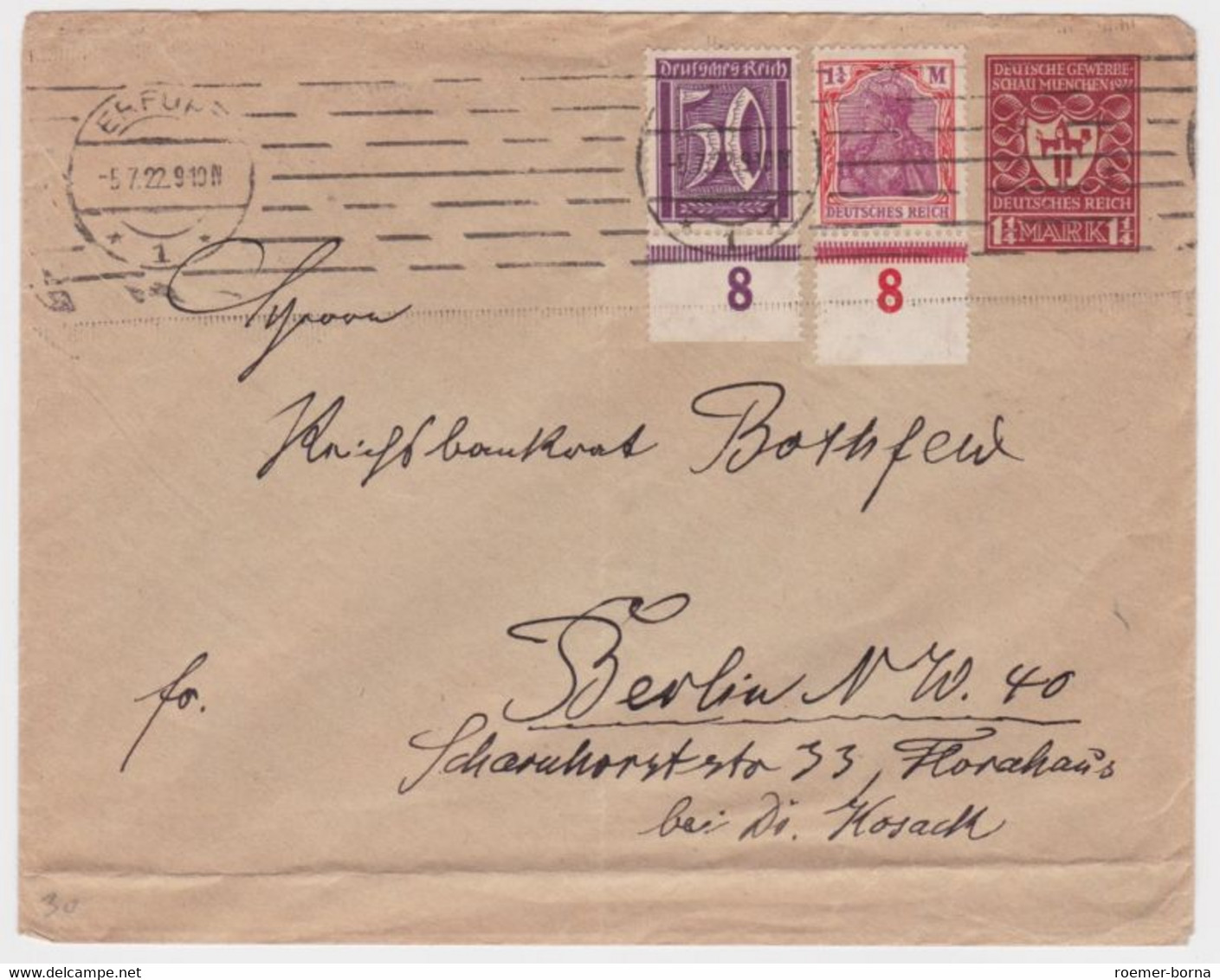 89778 DR Ganzsachen Umschlag PU Von Erfurt Nach Berlin 1922 - Covers