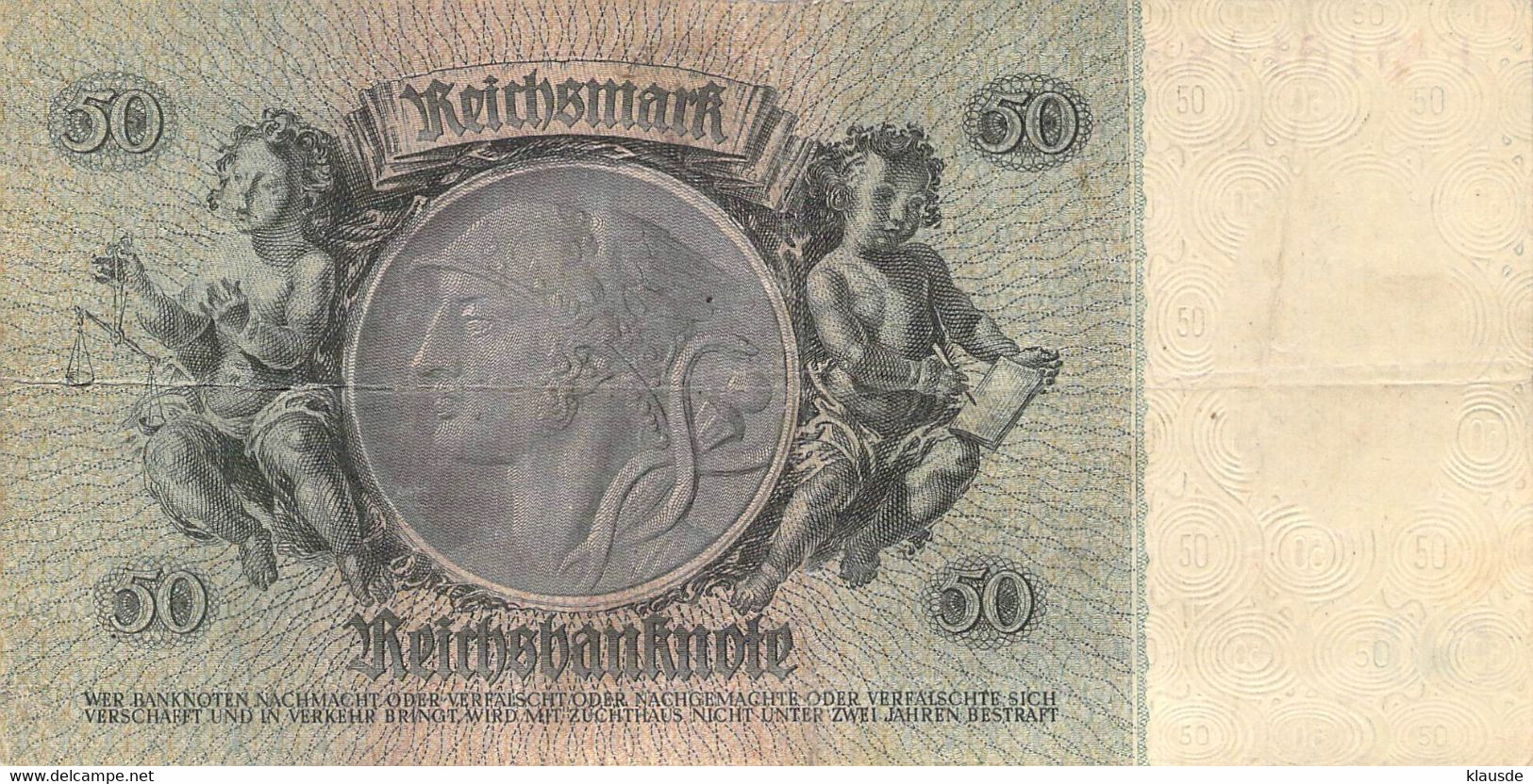 50 Reichsmark Reichsbanknote Berlin, 30.März 1933 Ro.175d Kriegsdruck - 20 Reichsmark