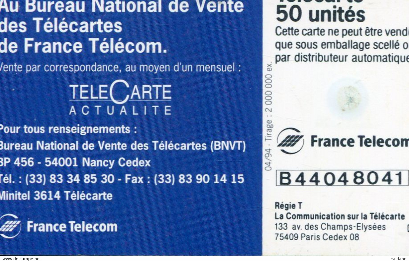 TELECARTE  France Telecom  50  UNITES.         2..000.000.  EX - Opérateurs Télécom