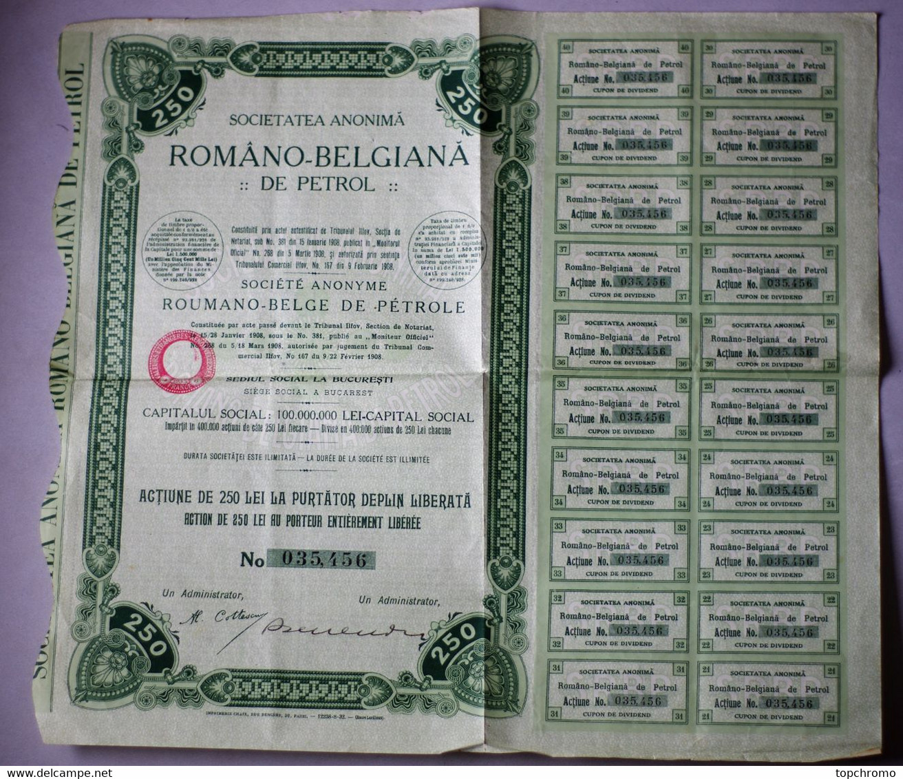 Action 250 Lei 1908 Société Anonyme Roumano Belge De Petrole Avec Ses 20 Coupons - Oil