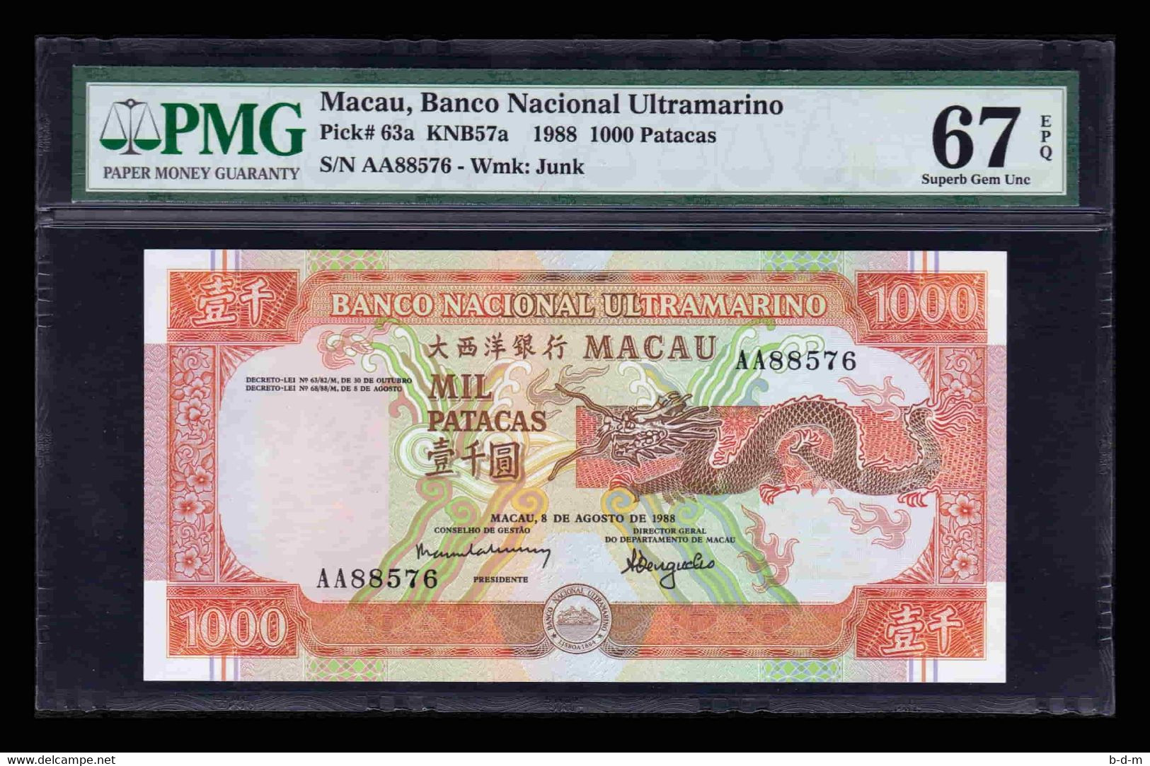 Macao Macau 1000 Patacas BNU 1988 Pick 63 PMG 67 EPQ SC UNC - Macao