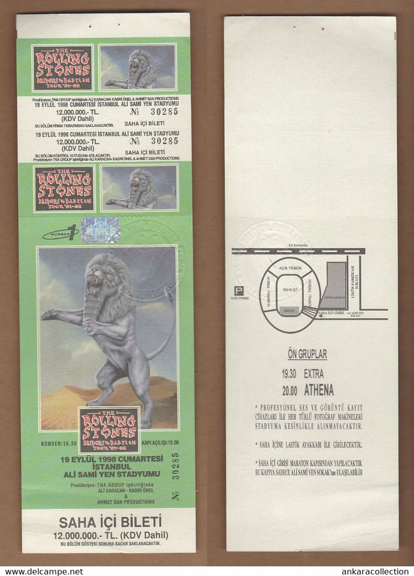 AC - THE ROLLING STONES BRIDGES TO BABYLON TOUR 97 - 98 19.09.1998 ISTANBUL ​CONCERT TICKET + COUNTERFOIL MICK JAGGER, - Konzertkarten