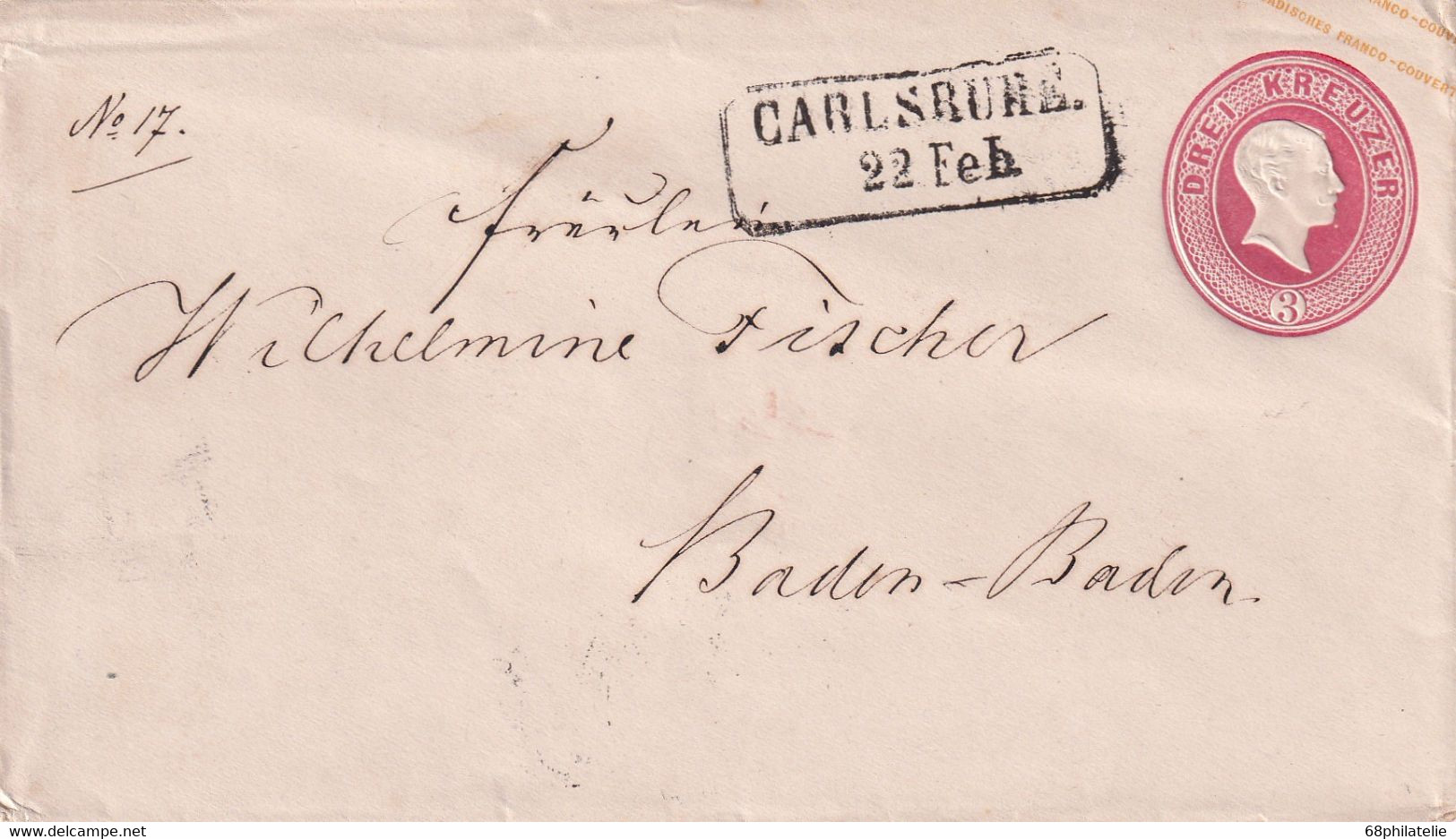 BADEN 1864    ENTIER POSTAL/GANZSACHE/POSTAL STATIONARY LETTRE DE CARLSRUHE - Enteros Postales