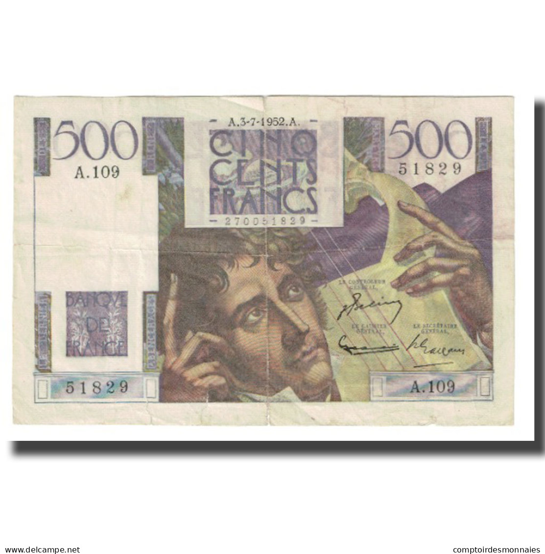 France, 500 Francs, Chateaubriand, 1952, 1952-07-03, TB+, Fayette:34.09, KM:129c - 500 F 1945-1953 ''Chateaubriand''