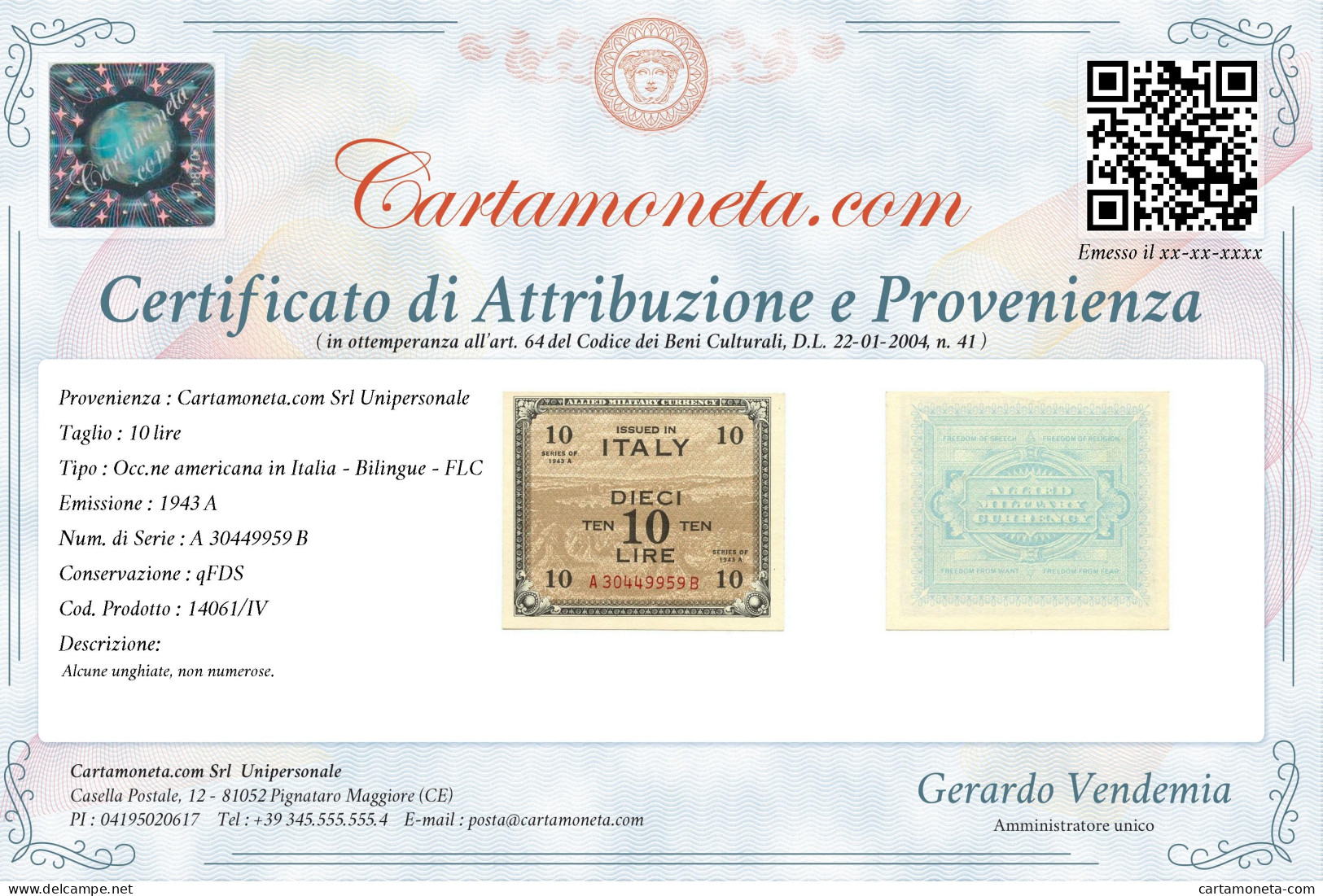 10 LIRE OCCUPAZIONE AMERICANA IN ITALIA BILINGUE FLC A-B 1943 A QFDS - 2. WK - Alliierte Besatzung