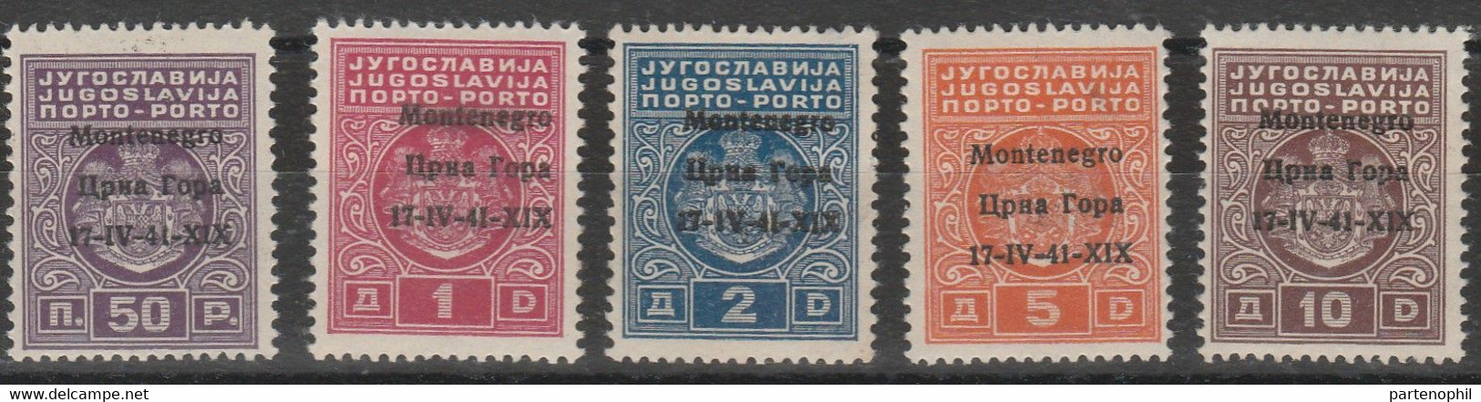 Montenegro - 321 ** 1940 – Segnatasse N. 1/5. Cat. € 500,00. SPL - Montenegro