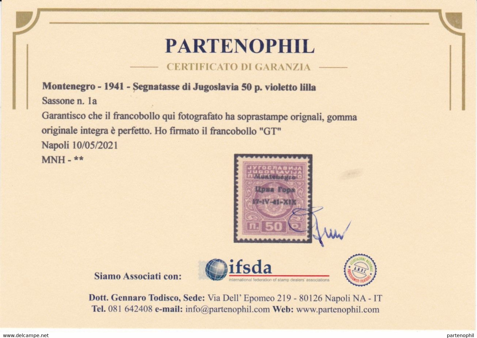 Montenegro - 322 ** 1940 – Segnatasse 50 P. Violetto Lilla N.1a. Cert. Julij ( 1968 ), Todisco. Cat. € 600,00. SPL - Montenegro