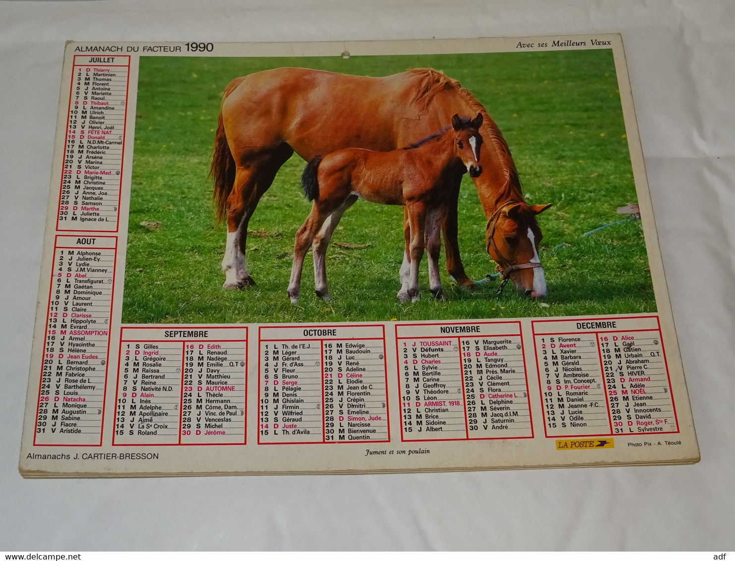 1990 CALENDRIER ( Double ) ALMANACH DU FACTEUR, LA POSTE, JUMENT ET SON POULAIN, CHEVAUX AU PRE, CARTIER BRESSON, VAR 83 - Groot Formaat: 1981-90