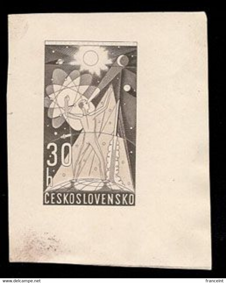 CZECHOSLOVAKIA (1962) Man Before Cosmos: Sun, Planets, Stars, Rocket, Atomic Symbol. Die Proof In Black. Scott 1105 - Ensayos & Reimpresiones