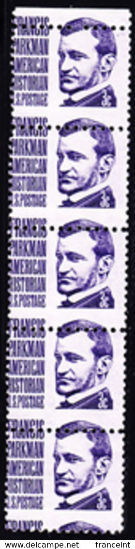 U.S.A. (1967) Francis Parkman. Vertical Strip Of 5 Misperforated, Cutting The Name "Francis" In Half.. Scott No 1261 - Errors, Freaks & Oddities (EFOs)