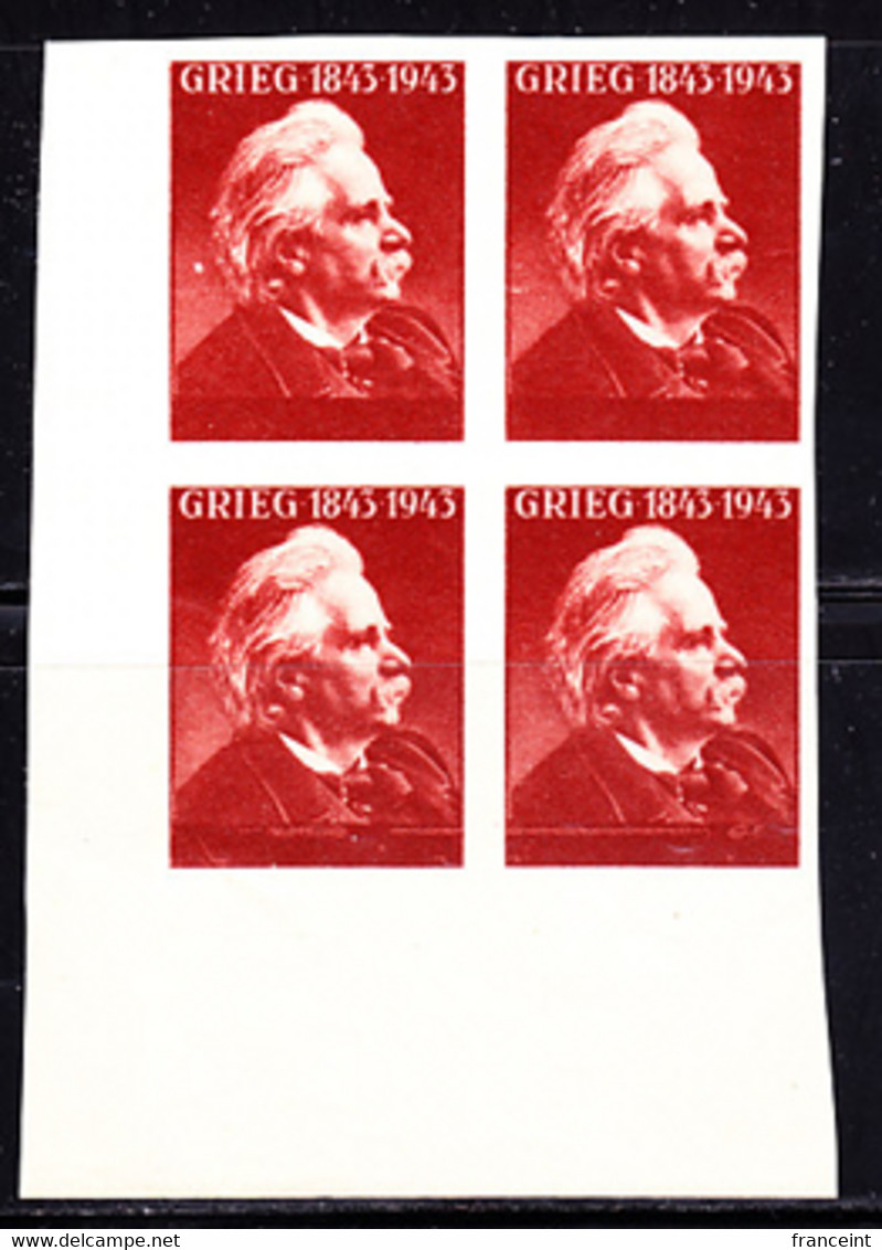 NORWAY (1943) Edvard Grieg. Épreuve Non-dentelé Sans Valeur Et Nom Du Pays Au Bas. Bloc De 4 Cdf. Yvert No 250 - Abarten Und Kuriositäten