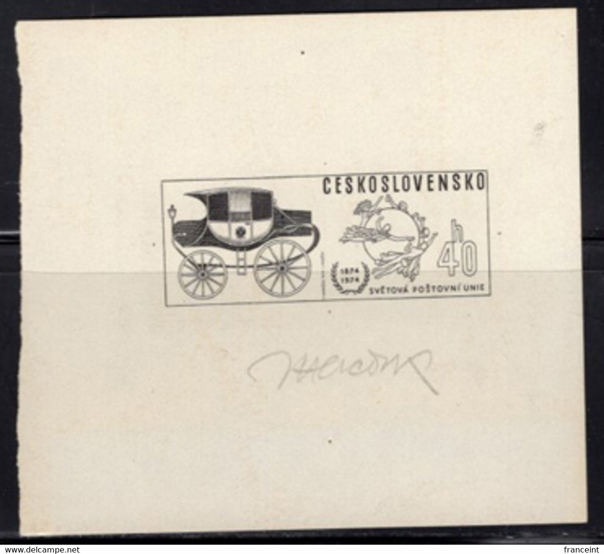 CZECHOSLOVAKIA (1974) Mail Coach. Die Proof In Black Signed By The Engraver MERCIK. UPU Centenary. Scott No 1963. - Proofs & Reprints