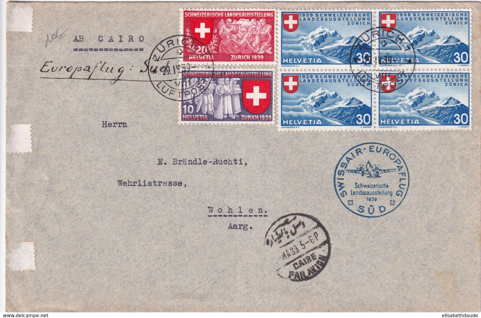 1939 - SUISSE - ENVELOPPE SWISSAIR "EUROPAFLUG" De ZÜRICH => LE CAIRE (EGYPTE) ! - Andere & Zonder Classificatie