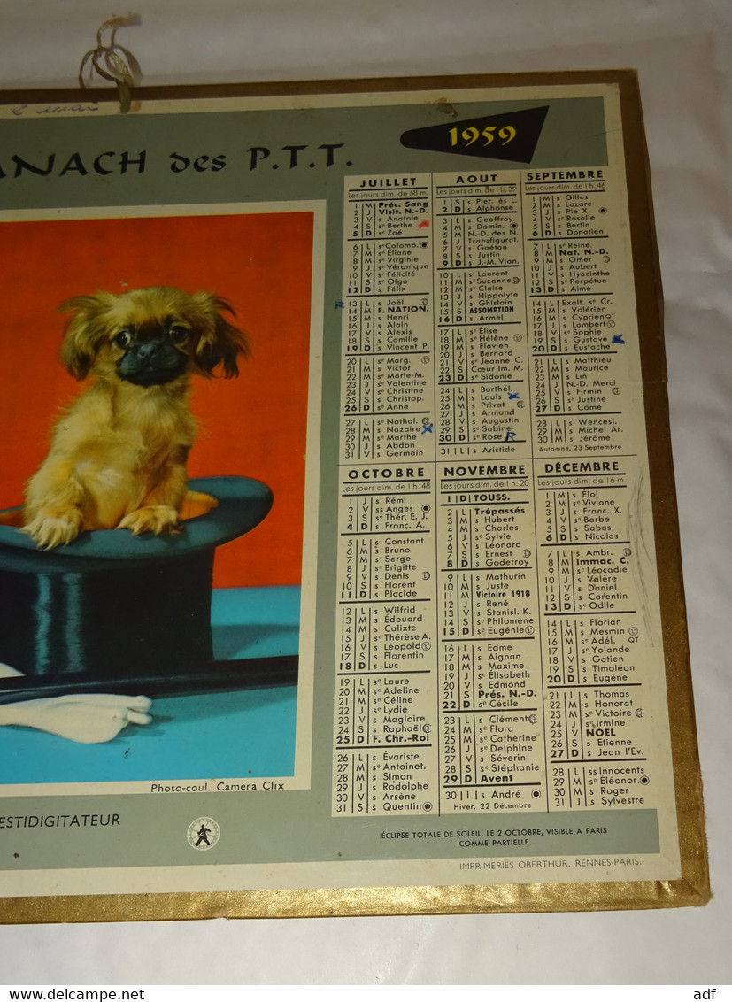 1959 CALENDRIER ALMANACH DES PTT, PRESTIDIGITATEUR, CHIEN DANS CHAPEAU DE MAGICIEN, OBERTHUR, MARNE 51 - Tamaño Grande : 1941-60