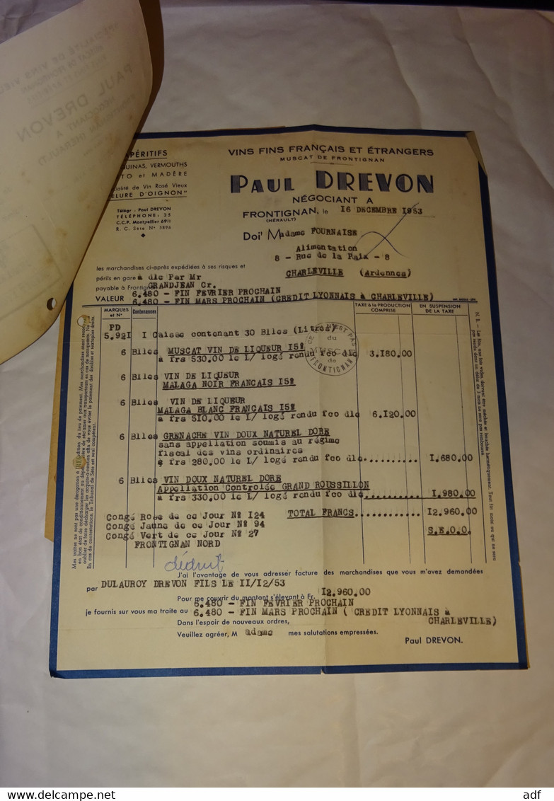 ANCIENNE FACTURE + LETTRE DE CHANGE PAUL DREVON NEGOCIANT DE VINS A FRONTIGNAN, FOURNAISE, RUE DE LA PAIX CHARLEVILLE - Levensmiddelen