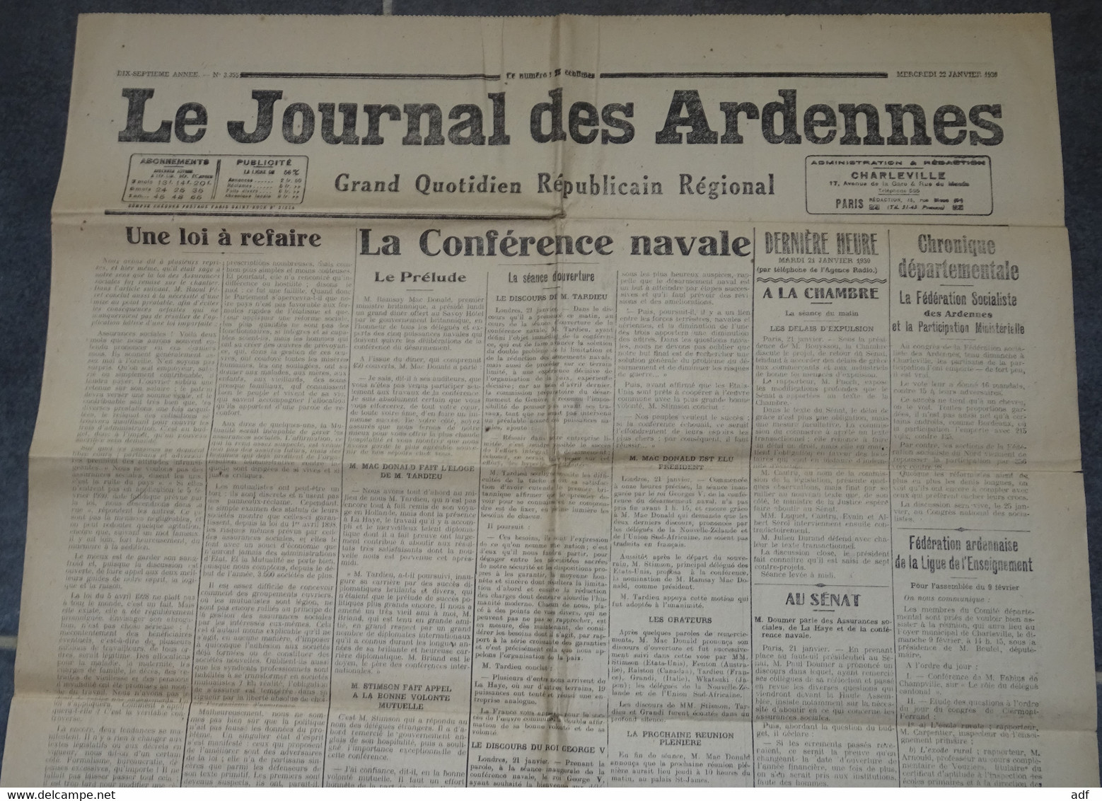 " LE JOURNAL DES ARDENNES " N° 3355, GRAND QUOTIDIEN REPUBLICAIN REGIONAL 22 JANVIER 1930 - General Issues