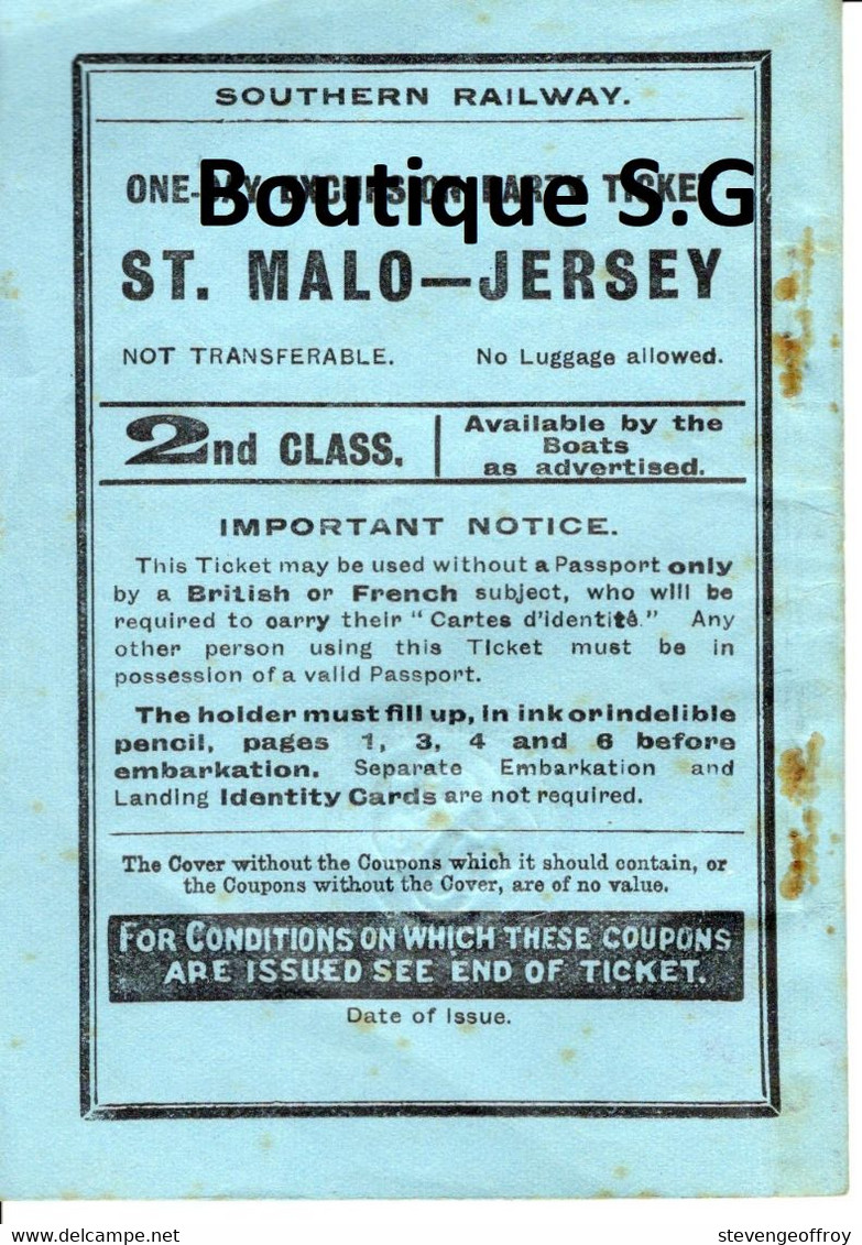 Titre De Transport Ticker Chemin De Fer Saint St Malo Jersey Non Utilisé Enfant Groupe 2nd Classe Timbre Aller Retour - Monde