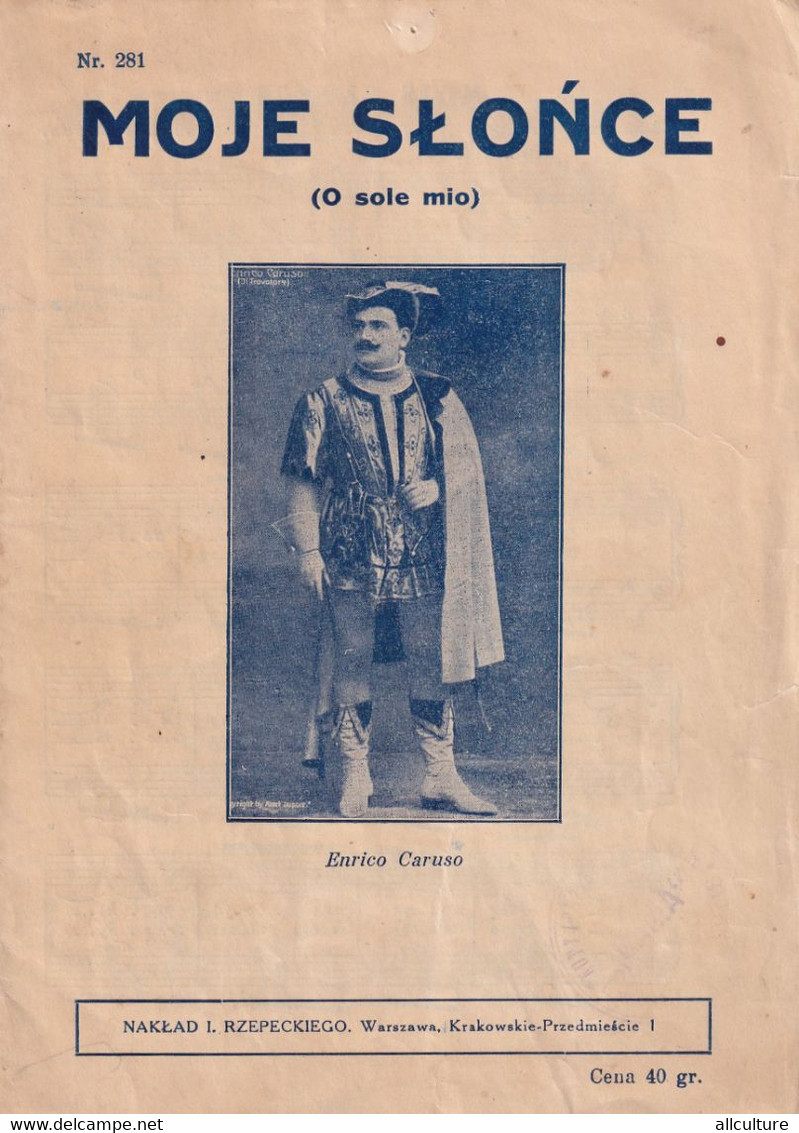A7945- MOJE SLONCE (O SOLE MIO) SONG, ENRICO CARUSO OPERA SINGER, NAKLAD I.RZEPECKIEGO, WARSAW POLAND MUSICAL NOTES - Affiches & Posters