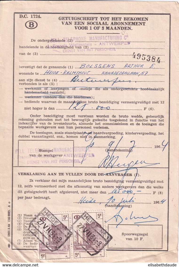 1964 - BELGIQUE - TIMBRE CHEMINS DE FER Sur CERTIFICAT POUR OBTENTION ABONNEMENT SOCIAL De HEIDE - Autres & Non Classés