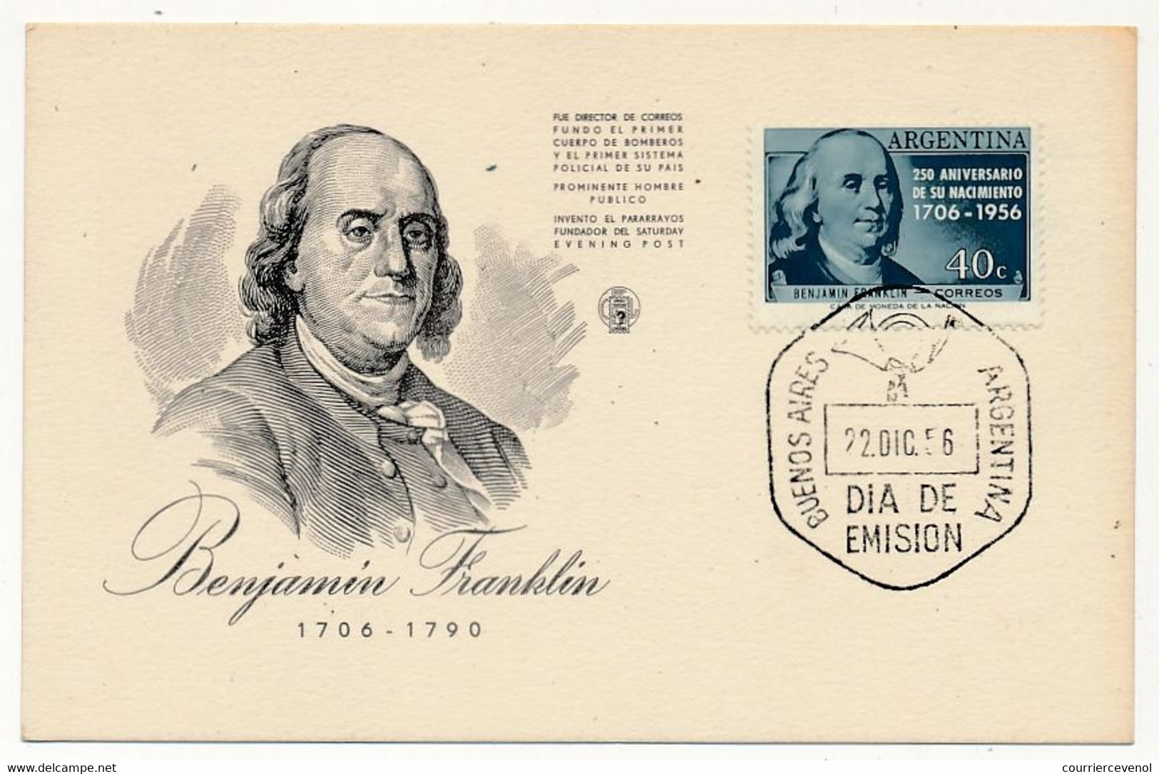 ARGENTINE - Carte FDC - 40c Benjamin Franklin - Buenos Aires 22 Dec 1956 - FDC