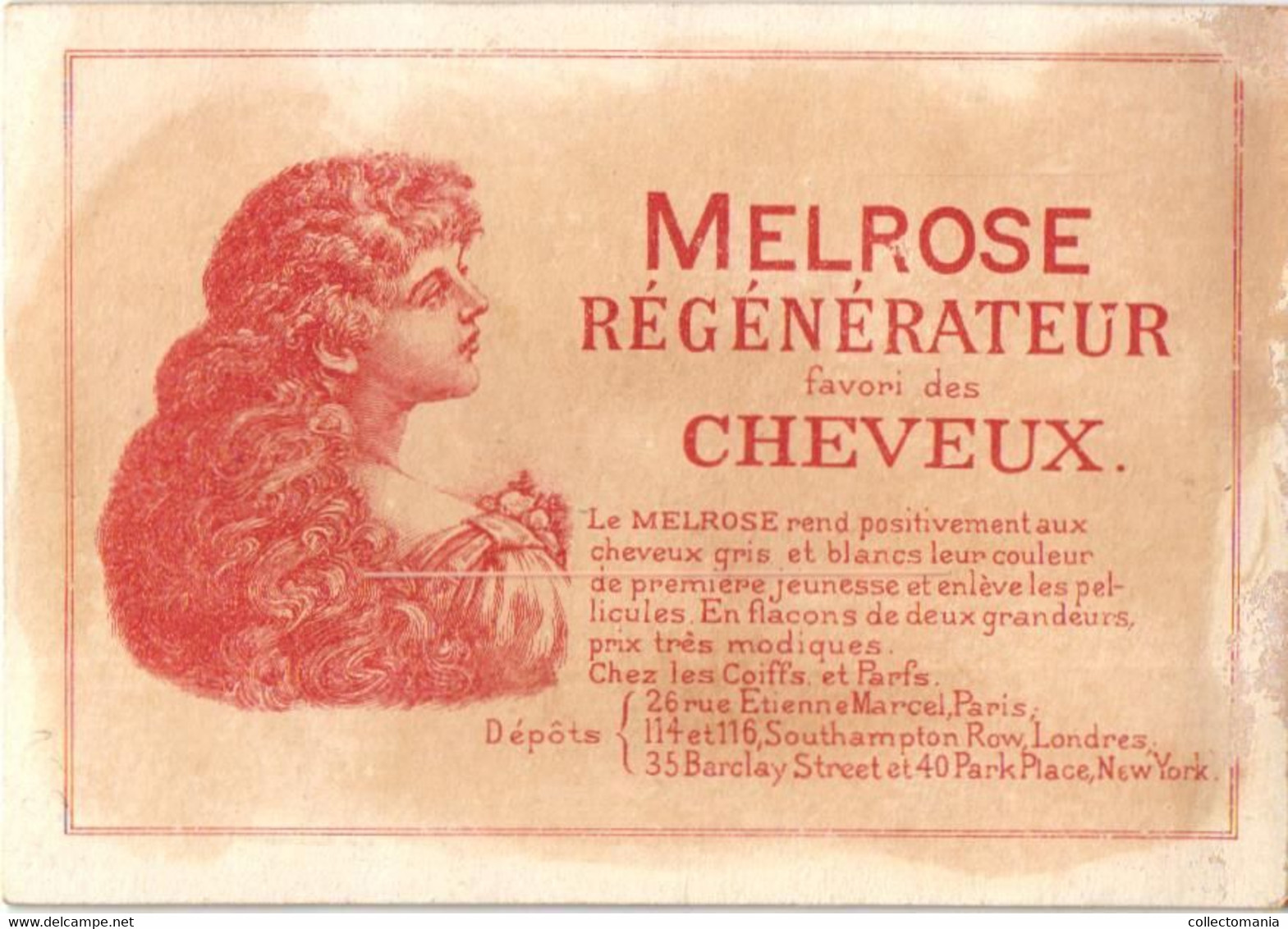 5 Cards MELROSE Régénérateur favori des Cheveux   Rue Etienne Marcel Paris Litho chromos parfum haar - hair perfume