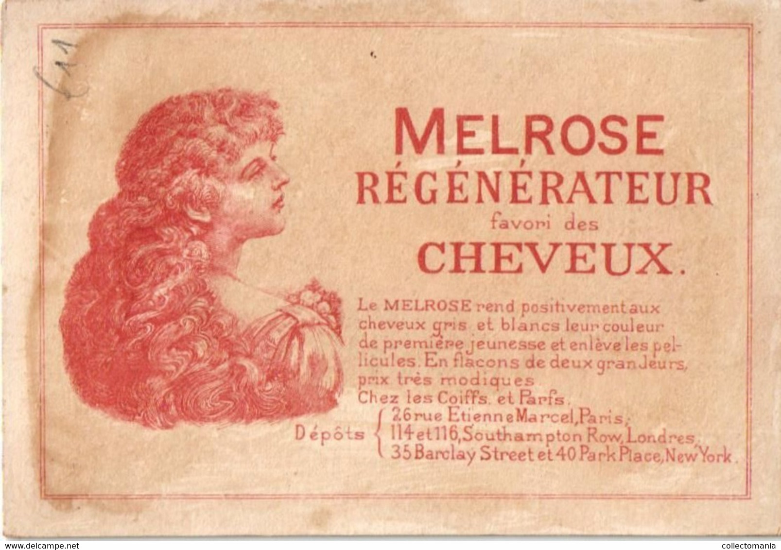 5 Cards MELROSE Régénérateur favori des Cheveux   Rue Etienne Marcel Paris Litho chromos parfum haar - hair perfume