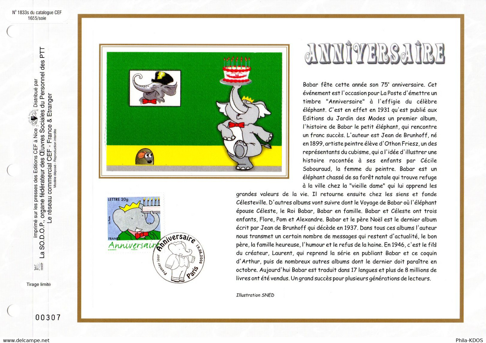 " BABAR " Sur Feuillet CEF Sur Soie De 2006. N° YT 3927. FDC A SAISIR ! - Comics