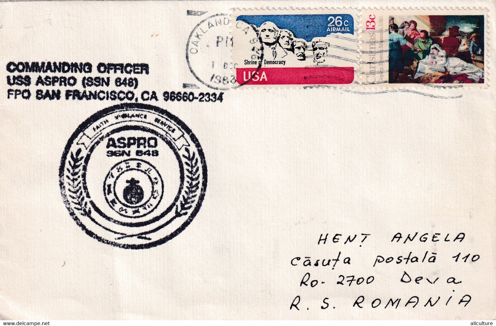 A8129- US NAVY ASPRO STAMP, COMMANDING OFFICER SAN FRANCISCO, OAKLAND 1983 USA AIRMAIL STAMPS, SENT TO DEVA ROMANIA - Cartas & Documentos