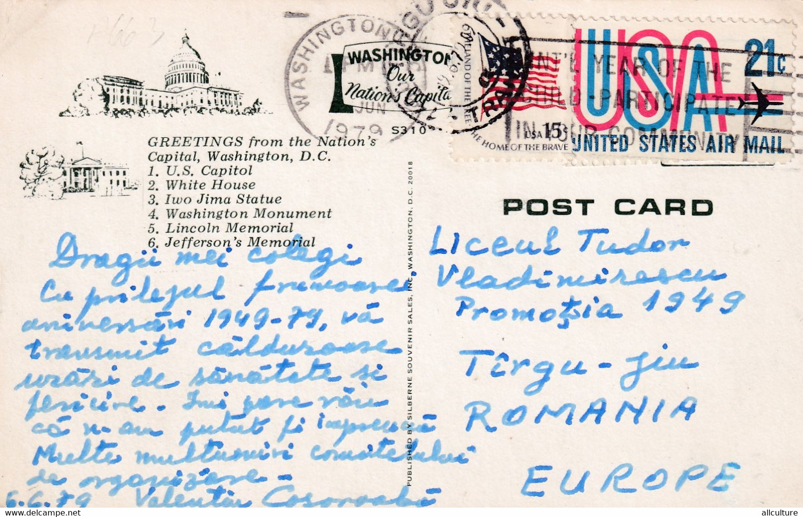 A8184 - WASHINGTON D.C. US CAPITOL, WHITE HOUSE,MONUMENTS, LINCOLN MEMORIAL, 1979 AIR MAIL USA STAMPS, SENT TO ROMANIA - Cartas & Documentos