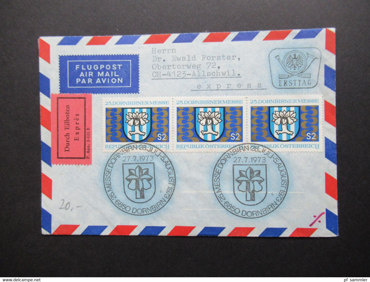 Österreich 1973 FDC / Flugpost / Durch Eilboten / Express 3 Belege mit SST in die Schweiz gesendet mit Ank. Stempel