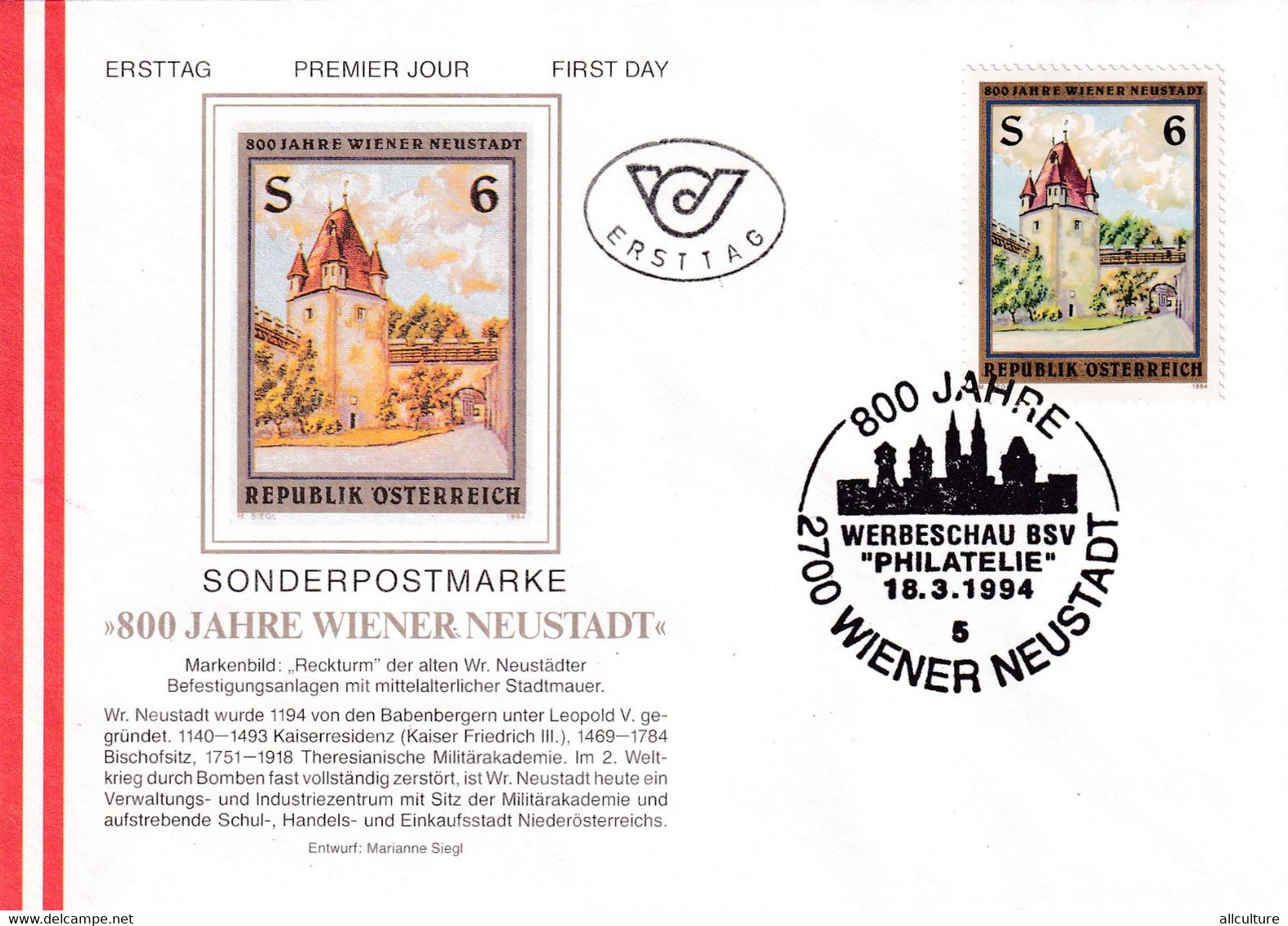 A8392- 800 YEARS OF VIENNA NEUSTADT PHYLATELIC EXPO ERSTTAG, WEIN 1994 REPUBLIC OSTERREICH AUSTRIA USED STAMP ON COVER - Lettres & Documents