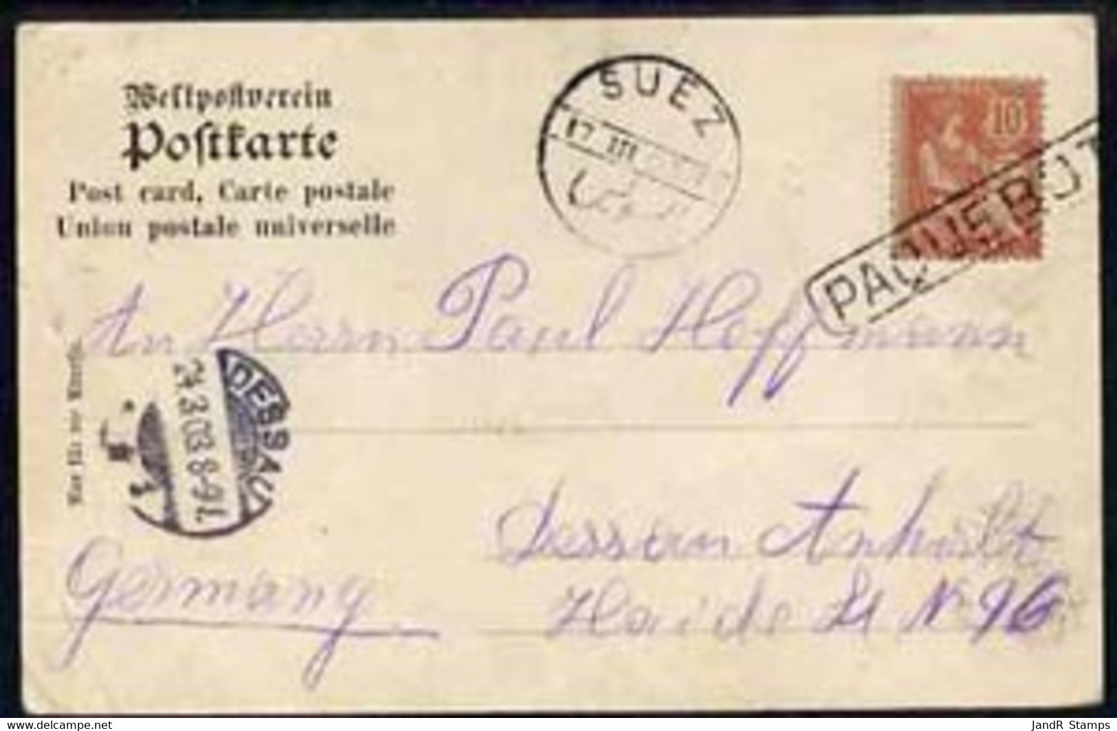 France 1903 Norddeutscher Lloyd, Bremen PPC To Germany Bearing 10c Mouchon Tied Straight Line PAQUEBOT With Suez Dated S - Autres & Non Classés