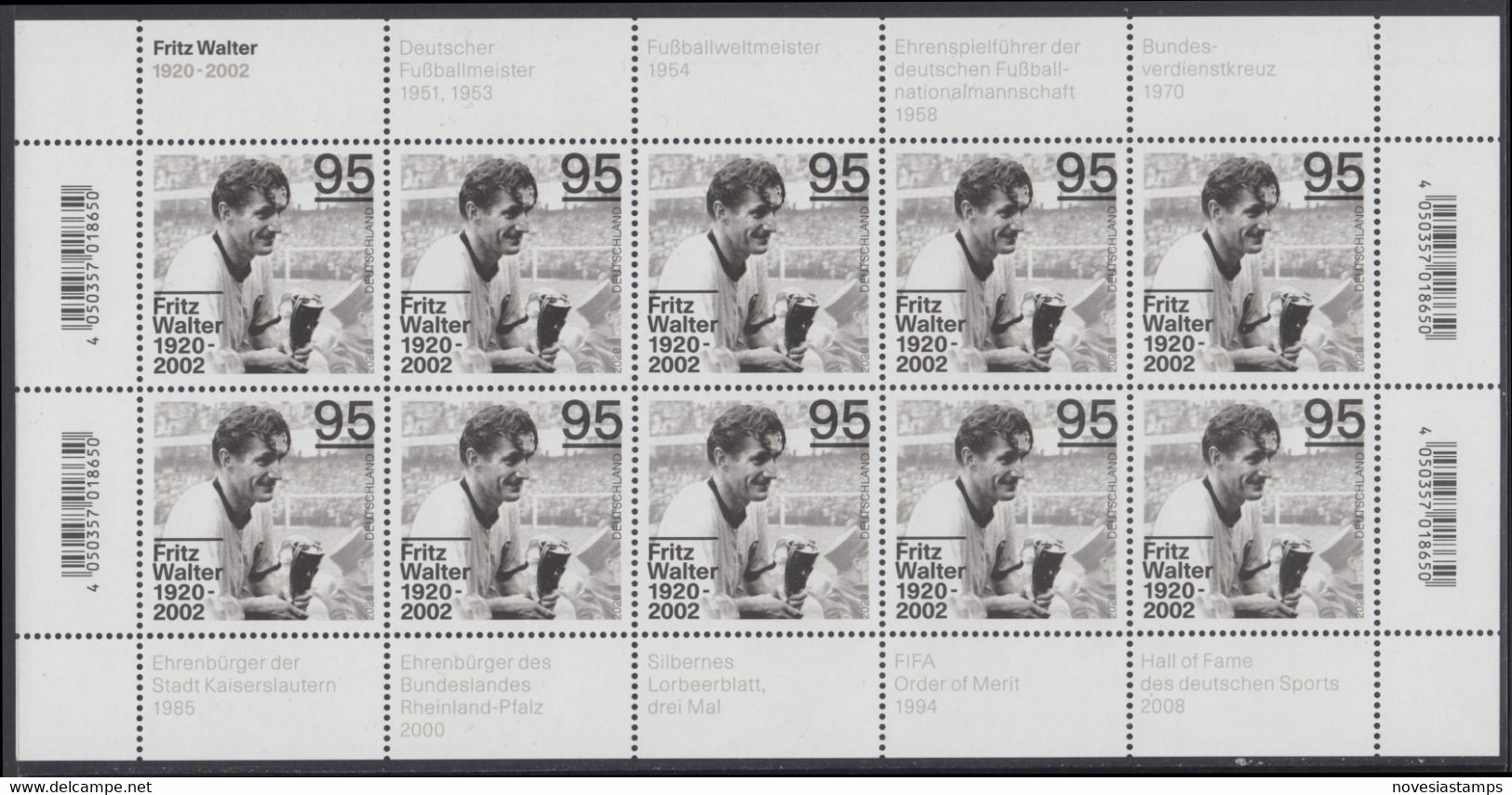 !a! GERMANY 2020 Mi. 3568 MNH SHEET(10) - Fritz Walter, German Soccer Player - 2011-2020