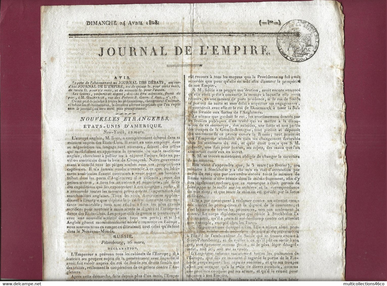 110621 - Document NAPOLEON Ier JOURNAL DE L'EMPIRE 24 Avril 1808 Nouvelles ETATS UNIS RUSSIE - 1800 - 1849