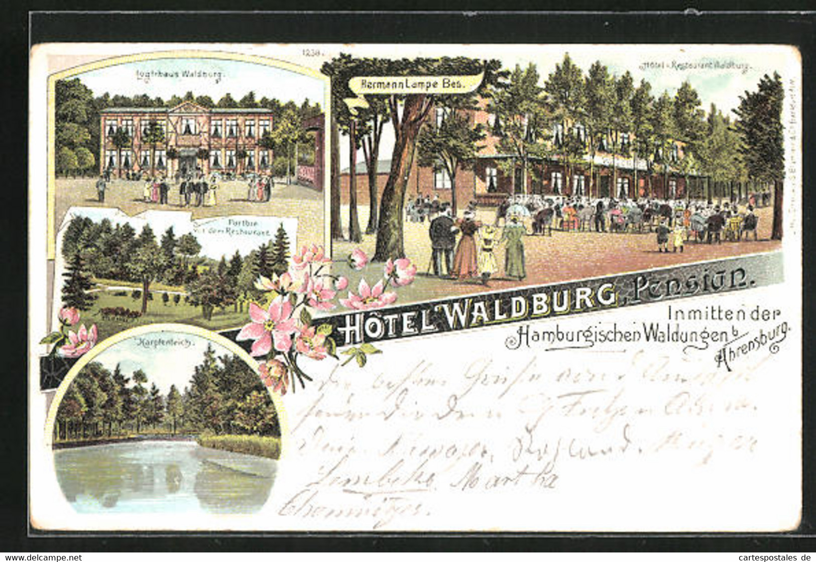Lithographie Ahrensburg, Hôtel Waldburg, Ortspartie, Karpfenteich - Ahrensburg