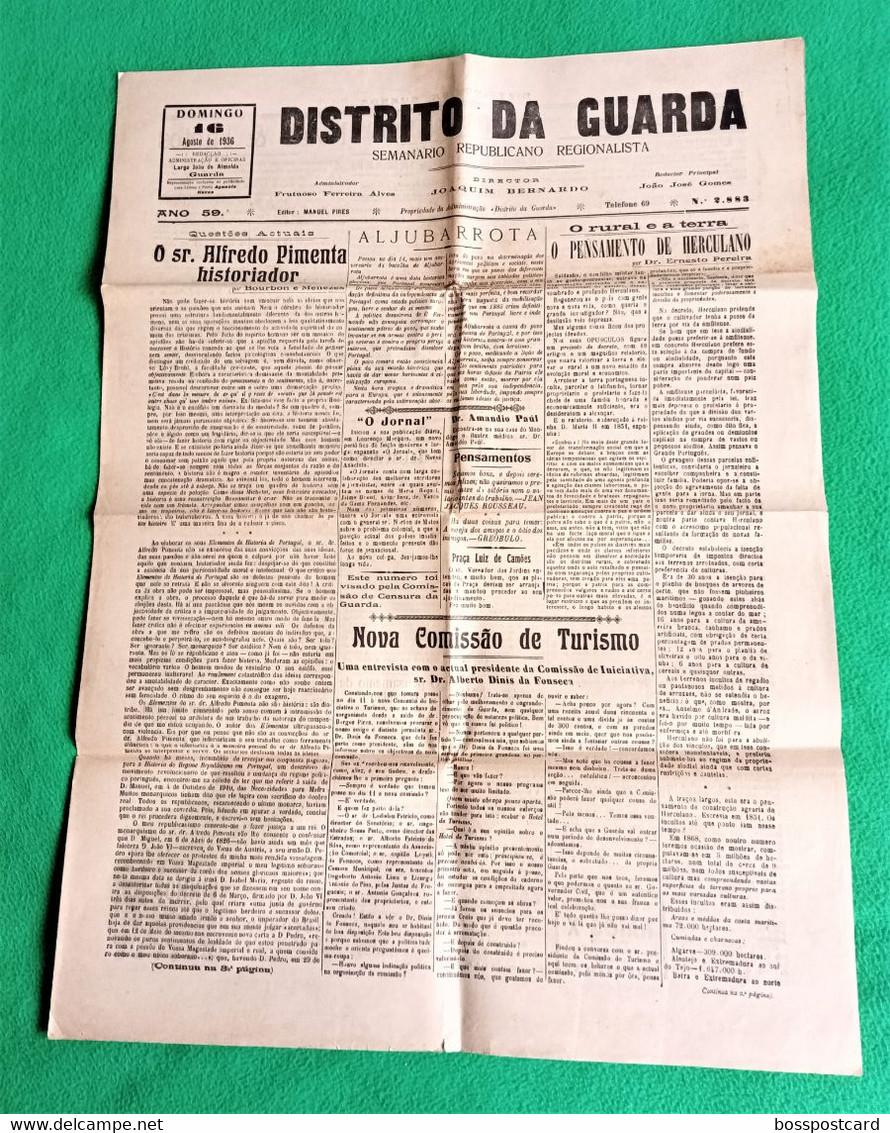 Guarda - Jornal Distrito Da Guarda Nº 2833, 16 De Agosto De 1936 - Imprensa - Portugal. - Algemene Informatie