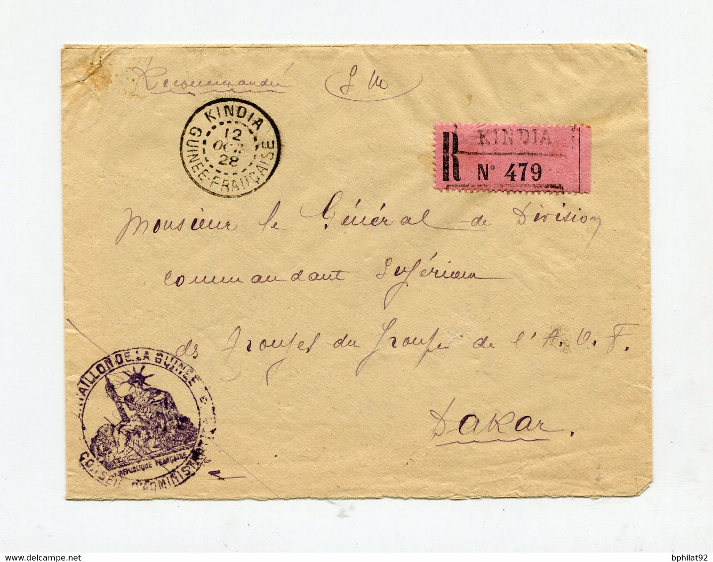 !!! GUINEE, LETTRE RECO DE KINDIA DE 1928 POUR DAKAR, RARE ETIQUETTE DE RECOMMANDE - Covers & Documents