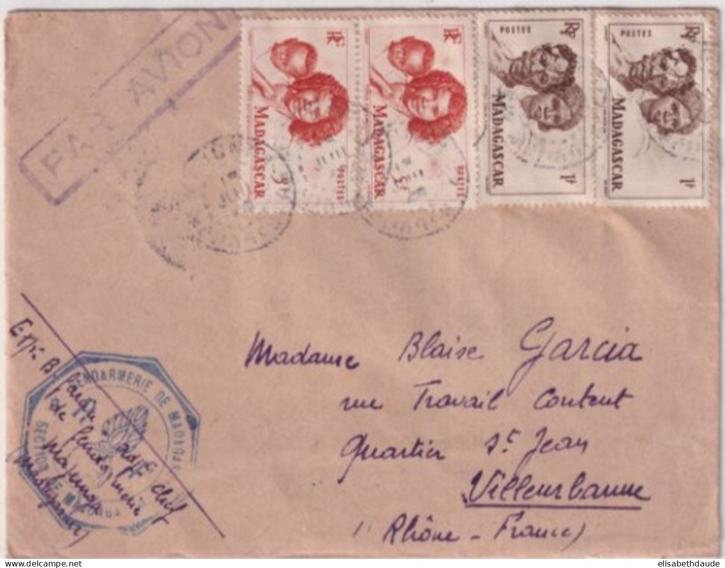 MADAGASCAR - 1948 - GENDARMERIE De MAJUNGA ! - ENVELOPPE AVION => VILLEURBANNE - - Lettres & Documents